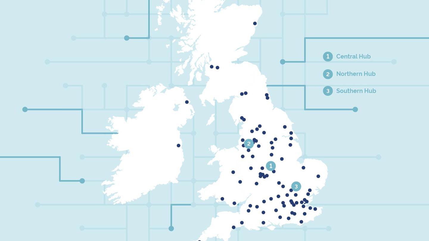 Image of the UK map with the Pallet-Track network illustrated